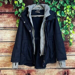 Steve Madden Layered Jacket Coat Womens Medium Full Zip Hoodie Cuffs Blue Gray